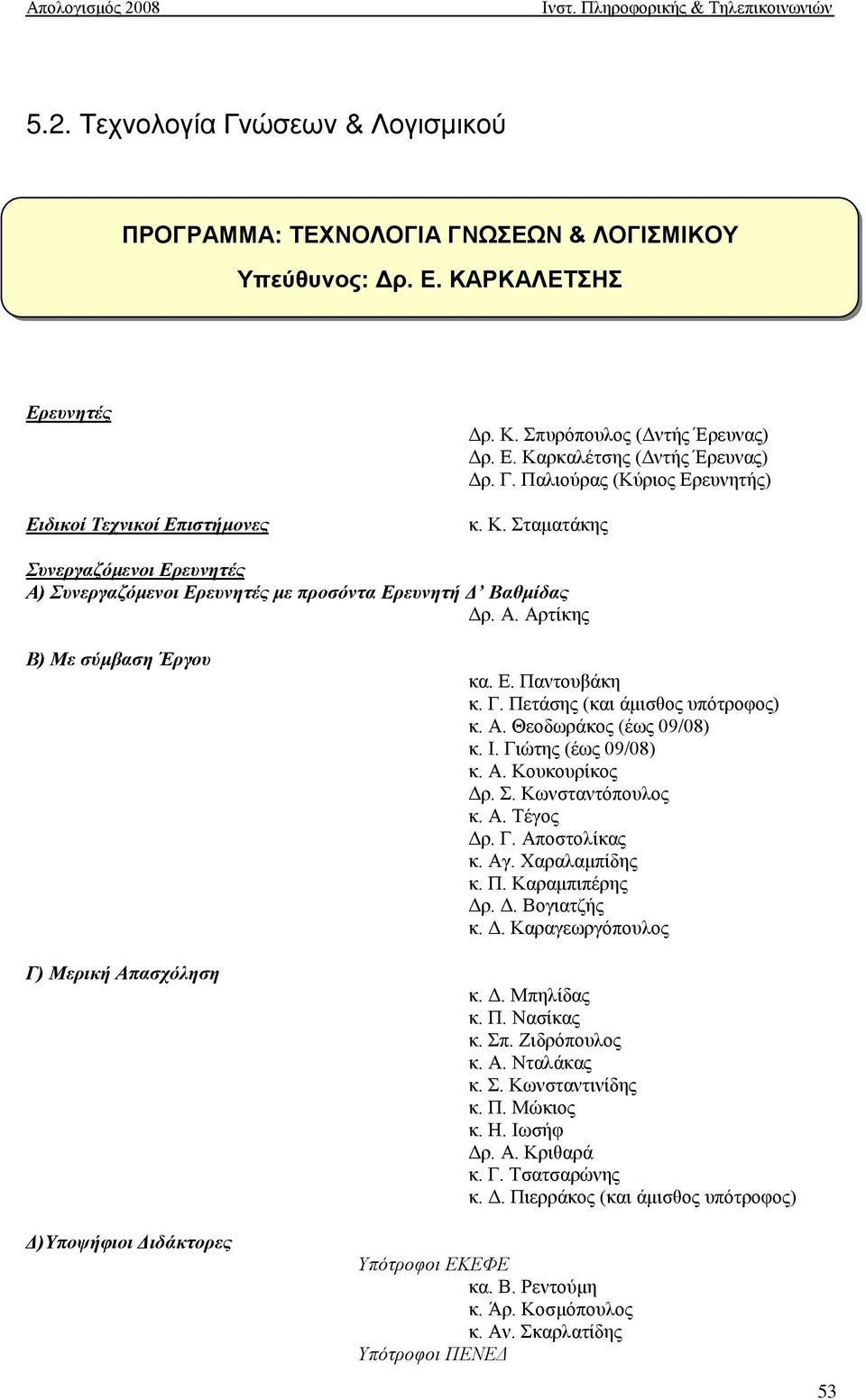 Ε. Παντουβάκη κ. Γ. Πετάσης (και άμισθος υπότροφος) κ. Α. Θεοδωράκος (έως 09/08) κ. Ι. Γιώτης (έως 09/08) κ. Α. Κουκουρίκος Δρ. Σ. Κωνσταντόπουλος κ. Α. Τέγος Δρ. Γ. Αποστολίκας κ. Αγ. Χαραλαμπίδης κ.