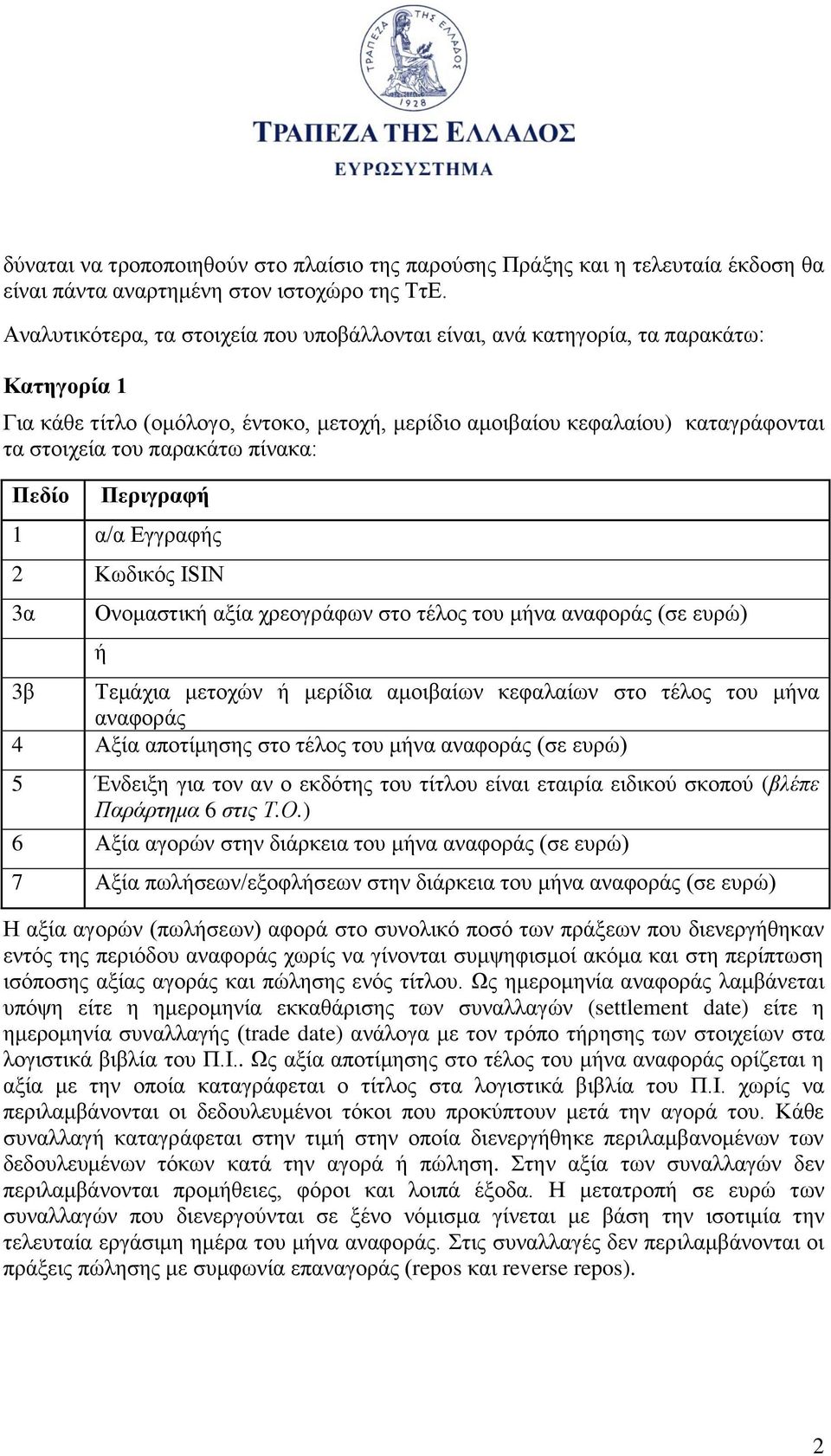 πίνακα: Πεδίο Περιγραφ 1 α/α Εγγραφς 2 Κωδικός ISIN 3α 3β Τεμάχια μετοχών μερίδια αμοιβαίων κεφαλαίων στο τέλος του μνα 4 Αξία αποτίμησης στο τέλος του μνα (σε ευρώ) 5 Ένδειξη για τον αν ο εκδότης