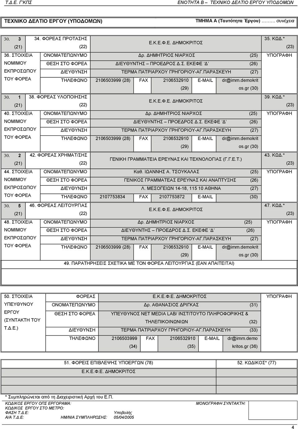 ΠΑΡΑΣΚΕΥΗ (27) ΤΟΥ ΦΟΡΕΑ ΤΗΛΕΦΩΝΟ 2106503999 (28) FAX 2106532910 E-MAIL dr@imm.demokrit (29) os.gr (30) 30. 1 38. ΦΟΡΕΑΣ ΥΛΟΠΟΙΗΣΗΣ (21) (22) Ε.Κ.Ε.Φ.Ε. ΗΜΟΚΡΙΤΟΣ 40. ΣΤΟΙΕΙΑ ΟΝΟΜΑΤΕΠΩΝΥΜΟ ρ.