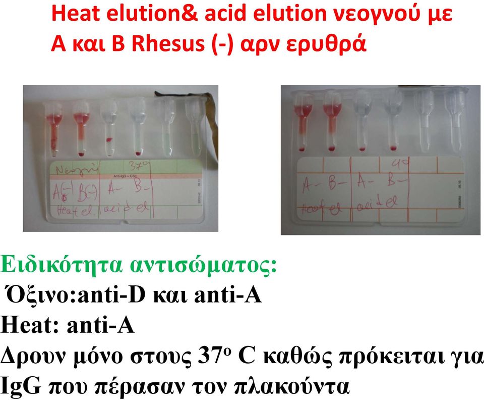 Όξινο:anti-D και anti-a Heat: anti-α Δρουν μόνο