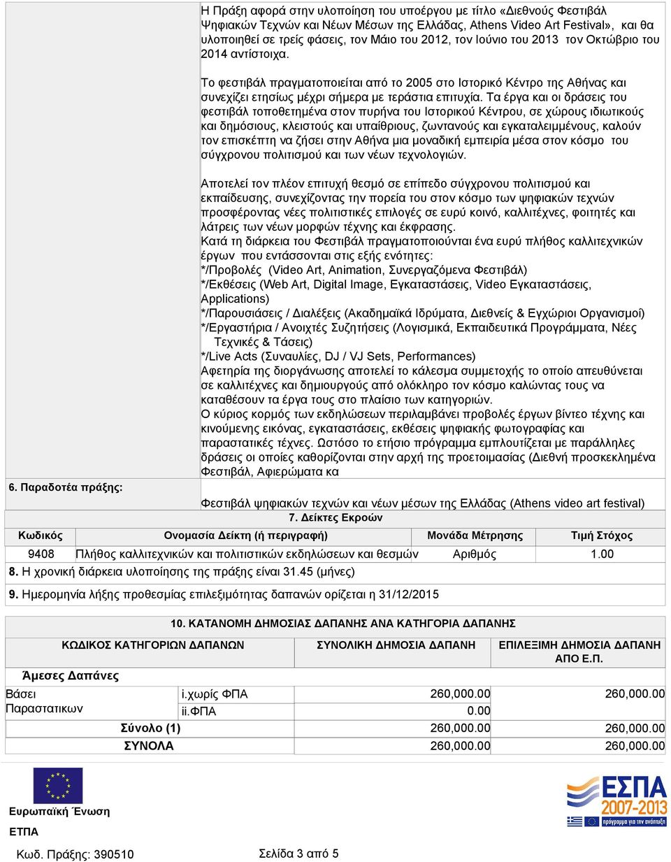 Η χρονική διάρκεια υλοποίησης της πράξης είναι 31.45 (μήνες) 9. Ημερομηνία λήξης προθεσμίας επιλεξιμότητας δαπανών ορίζεται η 31/12/2015 10.