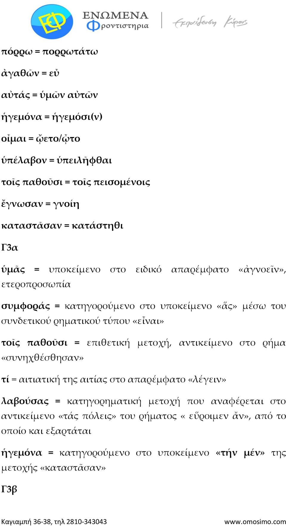 τύπου «εἶναι» τοῖς παθοῦσι = επιθετική μετοχή, αντικείμενο στο ρήμα «συνηχθέσθησαν» τί = αιτιατική της αιτίας στο απαρέμφατο «λέγειν» λαβούσας = κατηγορηματική μετοχή