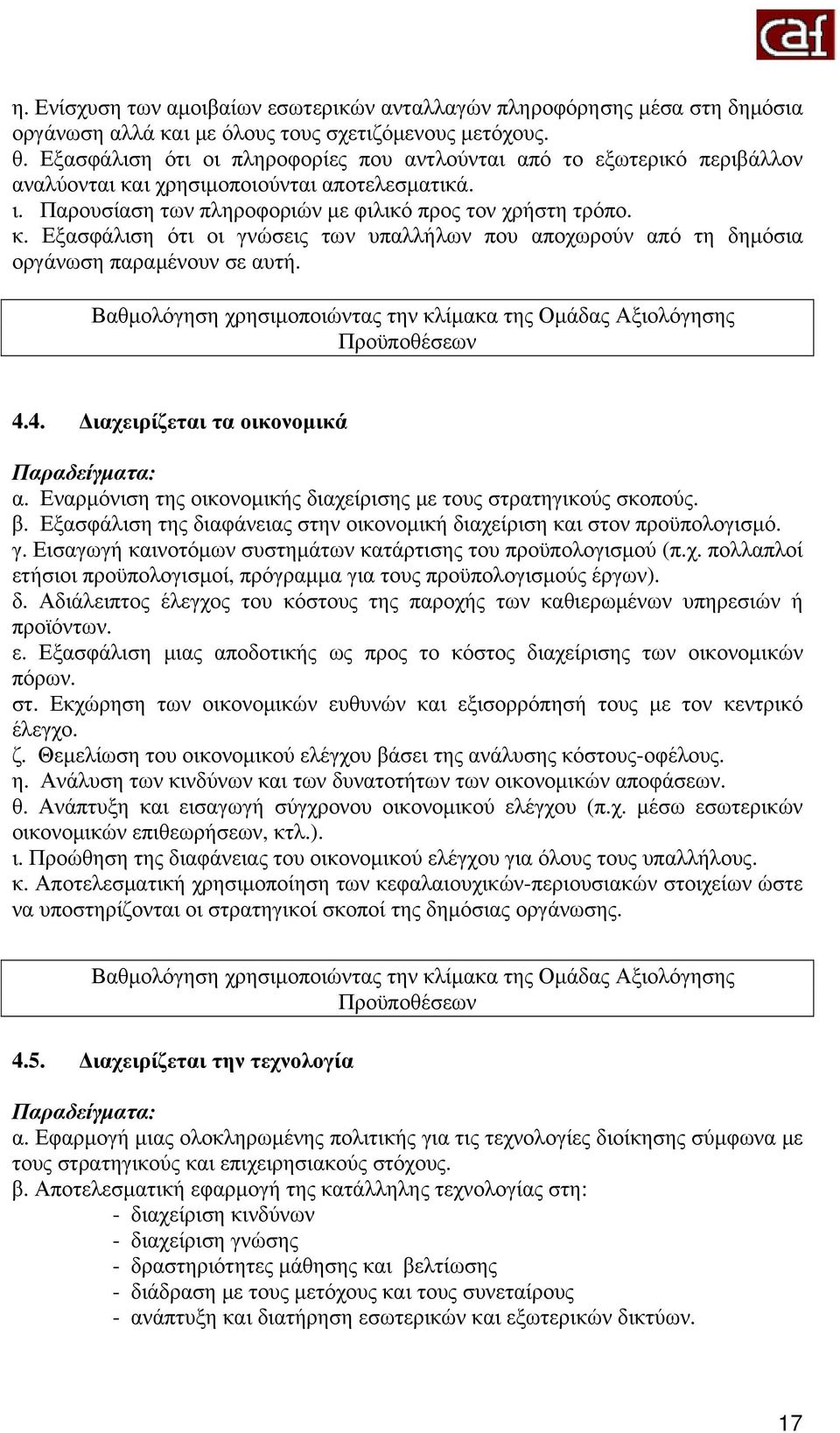 Βαθμολόγηση χρησιμοποιώντας την κλίμακα της Ομάδας Αξιολόγησης Προϋποθέσεων 4.4. Διαχειρίζεται τα οικονομικά Παραδείγματα: α. Εναρμόνιση της οικονομικής διαχείρισης με τους στρατηγικούς σκοπούς. β.