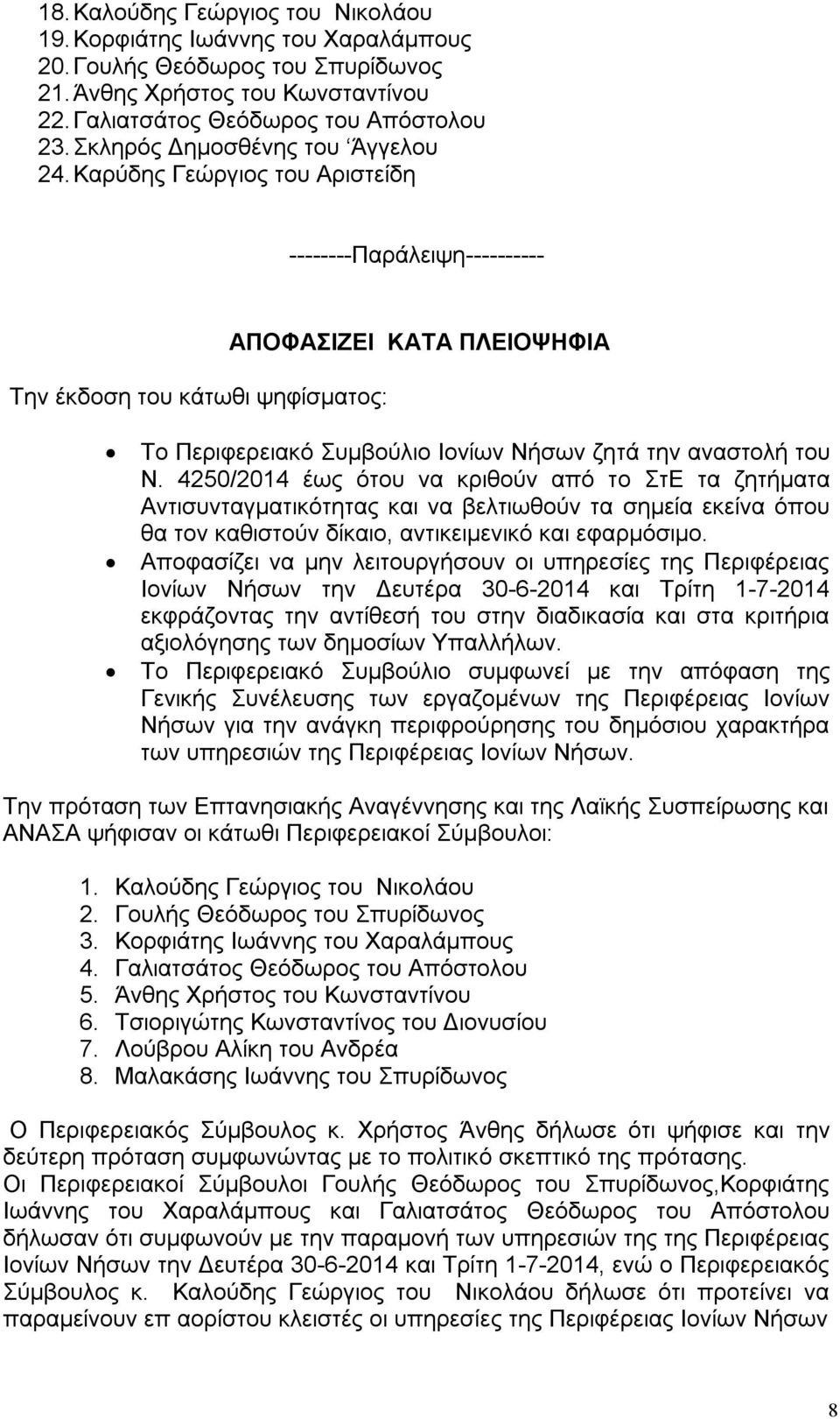 Καρύδης Γεώργιος του Αριστείδη --------Παράλειψη---------- Την έκδοση του κάτωθι ψηφίσματος: ΑΠΟΦΑΣΙΖΕΙ ΚΑΤΑ ΠΛΕΙΟΨΗΦΙΑ Το Περιφερειακό Συμβούλιο Ιονίων Νήσων ζητά την αναστολή του Ν.