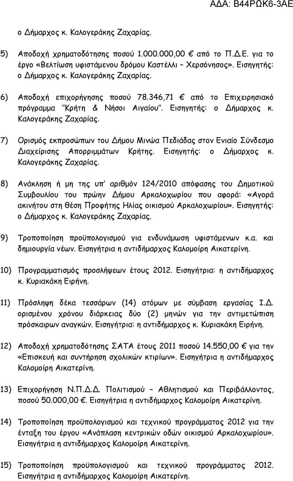 Εισηγητής: ο ήµαρχος κ. 8) Ανάκληση ή µη της υπ αριθµόν 124/2010 απόφασης του ηµοτικού Συµβουλίου του πρώην ήµου Αρκαλοχωρίου που αφορά: «Αγορά ακινήτου στη θέση Προφήτης Ηλίας οικισµού Αρκαλοχωρίου».