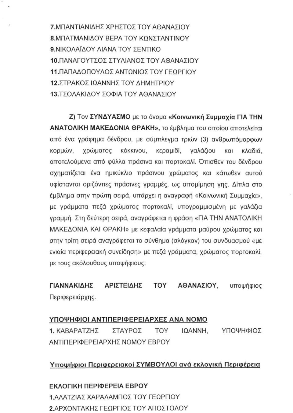 ΤΣ0ΑΑΚΙΔ0Υ ΣΟΦΙΑ ΤΟΥ ΑΘΑΝΑΣΙΟΥ Ζ) Τον ΣΥΝΔΥΑΣΜΟ με το όνομα «Κοινωνική Συμμαχία ΓΙΑ ΤΗΝ ΑΝΑΤΟΛΙΚΗ ΜΑΚΕΔΟΝΙΑ ΘΡΑΚΗ», το έμβλημα του οποίου αποτελείται από ένα γράφημα δένδρου, με σύμπλεγμα τριών (3)