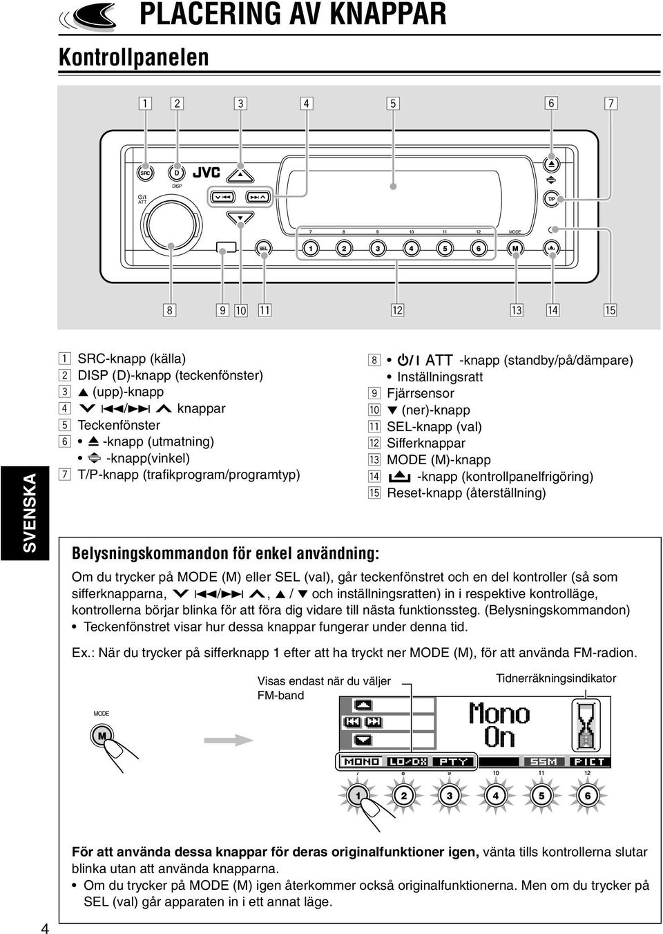 -knapp (val) w Sifferknappar e MODE (M)-knapp r -knapp (kontrollpanelfrigöring) t Reset-knapp (återställning) Om du trycker på MODE (M) eller (val), går teckenfönstret och en del kontroller (så som