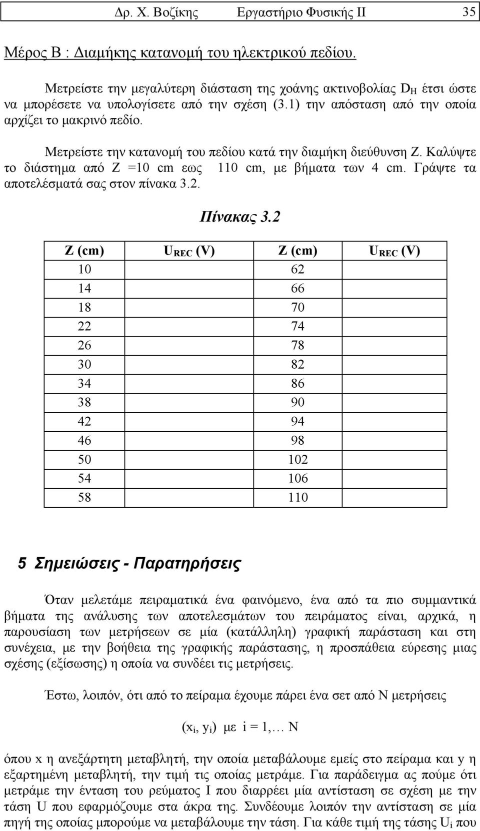 Μετρείστε την κατανοµή του πεδίου κατά την διαµήκη διεύθυνση Ζ. Καλύψτε το διάστηµα από Ζ =10 cm εως 110 cm, µε βήµατα των 4 cm. Γράψτε τα αποτελέσµατά σας στον πίνακα 3.. Πίνακας 3.