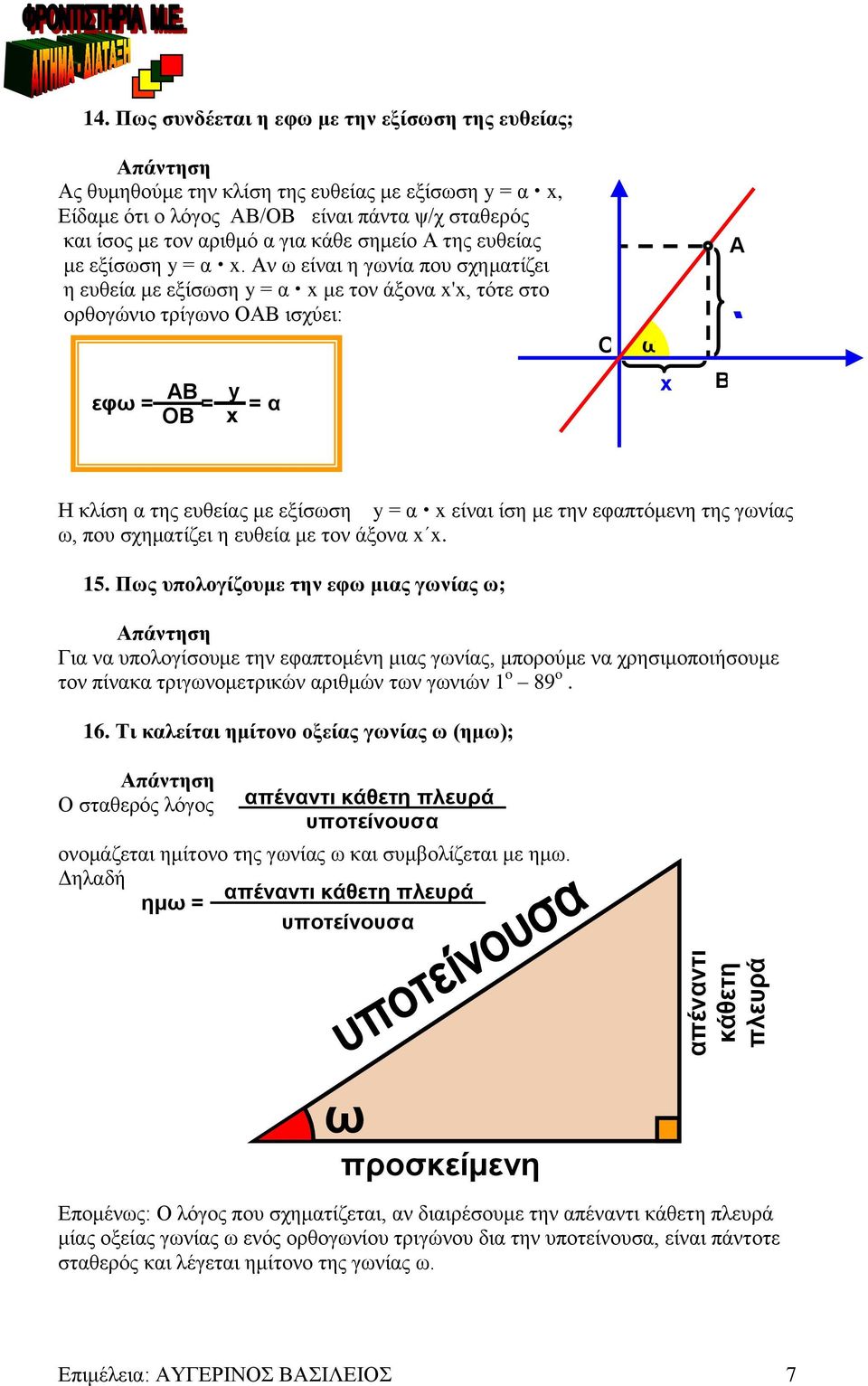 εξίσση y = α x. ν είναι η γνία πο σχηματίζει η εθεία με εξίσση y = α x με τον άξονα x'x, τότε στο ορθογώνιο τρίγνο Ο ισχύει: O A (x,y ) y AB. y. εφ = = = α OB x x B Η κλίση α της εθείας με εξίσση y = α x είναι ίση με την εφαπτόμενη της γνίας, πο σχηματίζει η εθεία με τον άξονα x x.