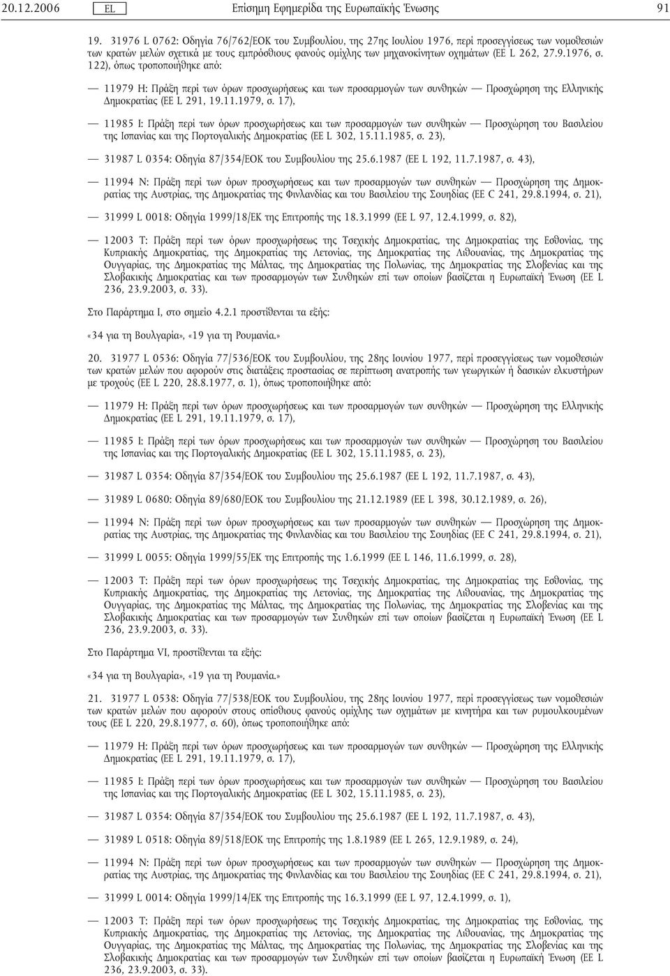 262, 27.9.1976, σ. 122), όπως τροποποιήθηκε από: 31999 L 0018: Οδηγία 1999/18/ΕΚ της Επιτροπής της 18.3.1999 (ΕΕ L 97, 12.4.1999, σ. 82), Στο Παράρτηµα I, στο σηµείο 4.2.1 προστίθενταιτα εξής: 20.