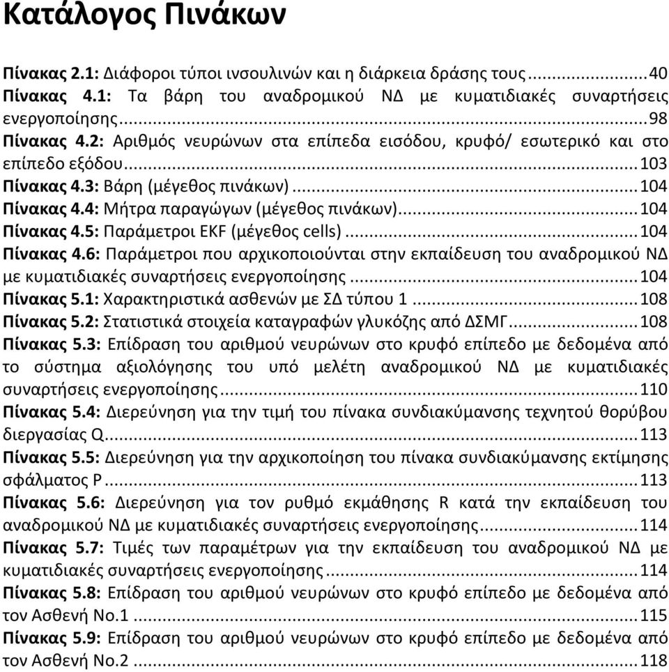 .. 104 Πίνακας 4.6: Παράμετροι που αρχικοποιούνται στην εκπαίδευση του αναδρομικού ΝΔ με κυματιδιακές συναρτήσεις ενεργοποίησης... 104 Πίνακας 5.1: Χαρακτηριστικά ασθενών με ΣΔ τύπου 1... 108 Πίνακας 5.