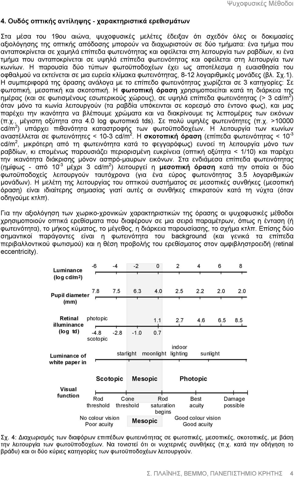 λειτουργία των κωνίων. Η παρουσία δύο τύπων φωτοϋποδοχέων έχει ως αποτέλεσµα η ευαισθησία του οφθαλµού να εκτείνεται σε µια ευρεία κλίµακα φωτεινότητας, 8-12 λογαριθµικές µονάδες (βλ. Σχ.1).