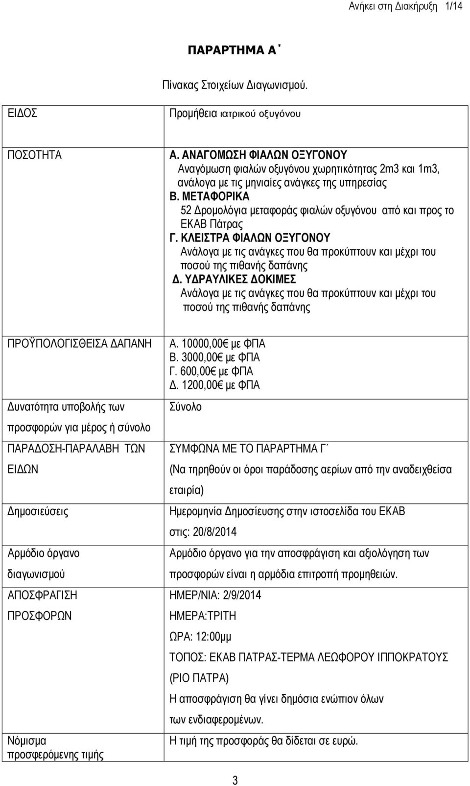 ΜΕΤΑΦΟΡΙΚΑ 52 ροµολόγια µεταφοράς φιαλών οξυγόνου από και προς το ΕΚΑΒ Πάτρας Γ. ΚΛΕΙΣΤΡΑ ΦΙΑΛΩΝ ΟΞΥΓΟΝΟΥ Ανάλογα µε τις ανάγκες που θα προκύπτουν και µέχρι του ποσού της πιθανής δαπάνης.