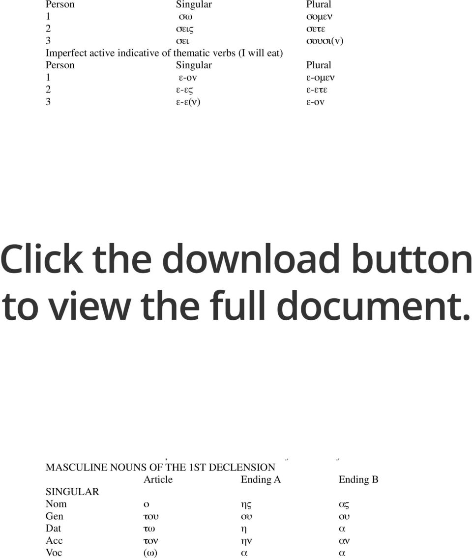 Nom αι αι αι αι αι Gen των ων ων ων ων Dat ταις αις αις αις αις Acc τας ας ας ας ας αι αι αι αι Paradigm of the definite article Singular Singular Singular Plural Plural Plural M F N M F N Nom ο η το