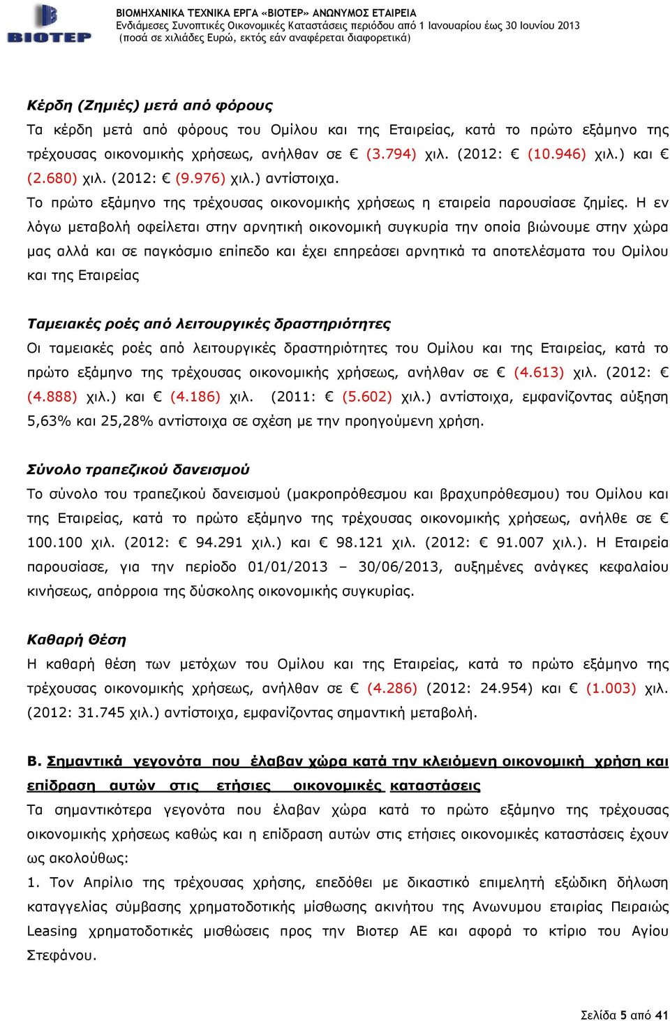 Η εν λόγω μεταβολή οφείλεται στην αρνητική οικονομική συγκυρία την οποία βιώνουμε στην χώρα μας αλλά και σε παγκόσμιο επίπεδο και έχει επηρεάσει αρνητικά τα αποτελέσματα του Ομίλου και της Εταιρείας