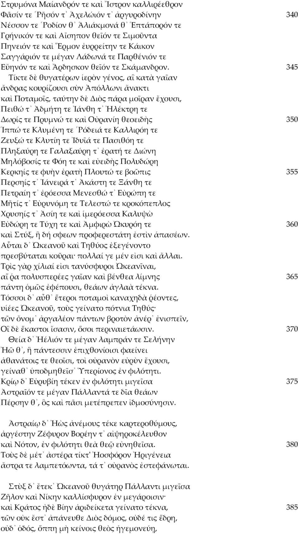 345 Τίκτε δὲ θυγατέρων ἱερὸν γένος, αἳ κατὰ γαῖαν ἄνδρας κουρίζουσι σὺν Ἀπόλλωνι ἄνακτι καὶ Ποταμοῖς, ταύτην δὲ Διὸς πάρα μοῖραν ἔχουσι, Πειθώ τ Ἀδμήτη τε Ἰάνθη τ Ἠλέκτρη τε Δωρίς τε Πρυμνώ τε καὶ