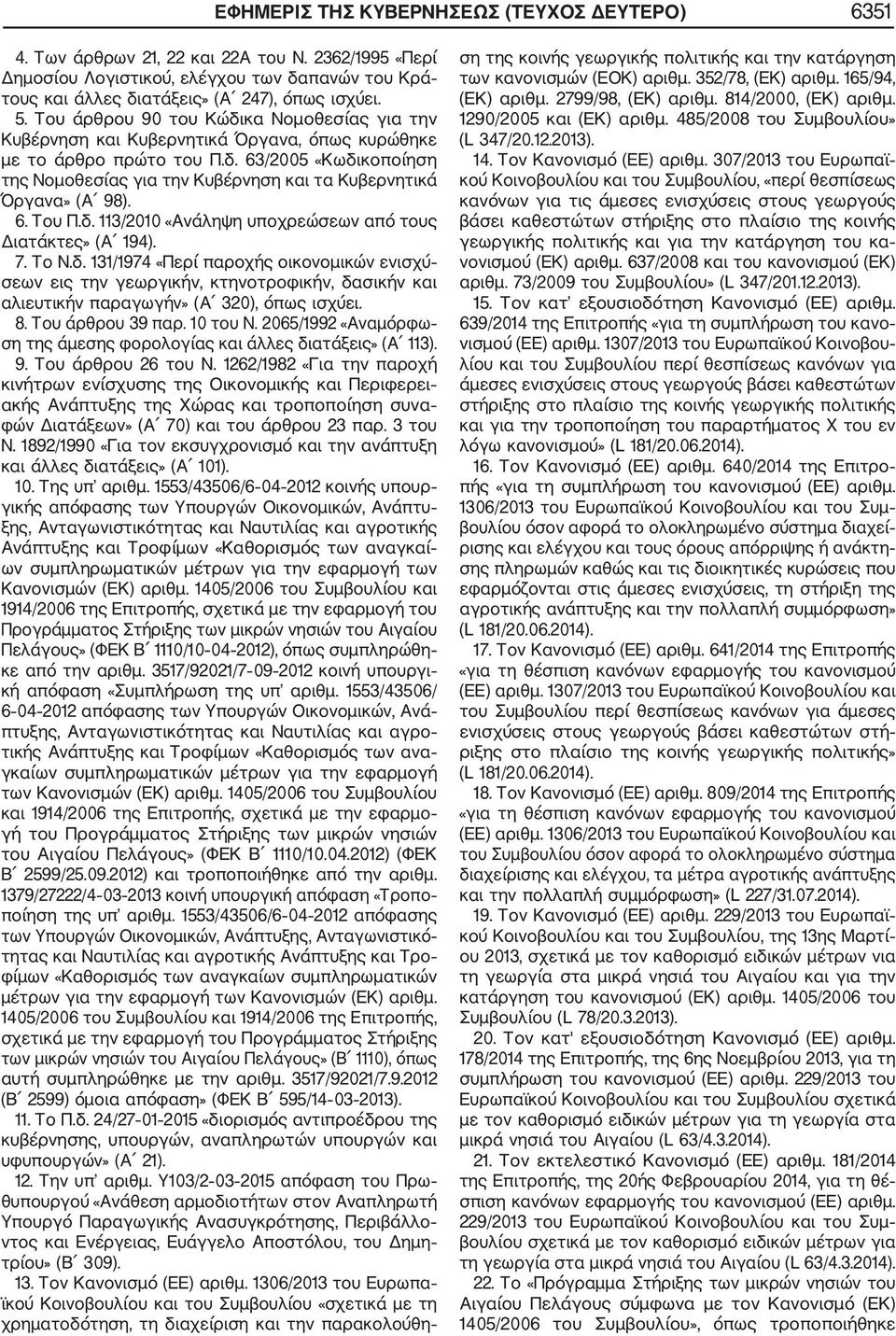 6. Του Π.δ. 113/2010 «Ανάληψη υποχρεώσεων από τους Διατάκτες» (Α 194). 7. Το Ν.δ. 131/1974 «Περί παροχής οικονομικών ενισχύ σεων εις την γεωργικήν, κτηνοτροφικήν, δασικήν και αλιευτικήν παραγωγήν» (Α 320), όπως ισχύει.