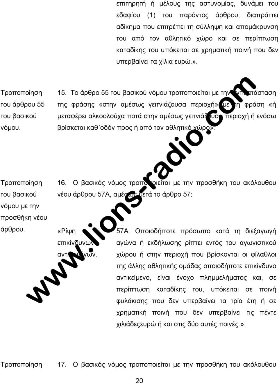 Το άρθρο 55 νόµου τροποποιείται µε την αντικατάσταση της φράσης «στην αµέσως γειτνιάζουσα περιοχή» µε τη φράση «ή µεταφέρει αλκοολούχα ποτά στην αµέσως γειτνιάζουσα περιοχή ή ενόσω βρίσκεται καθ οδόν