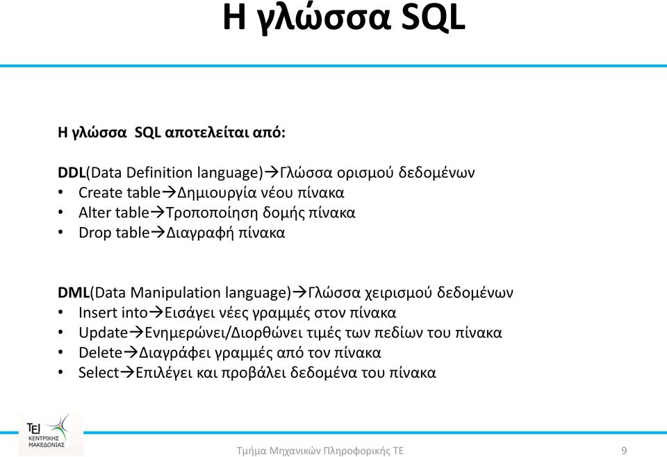 language) Γλϊςςα χειριςμοφ δεδομζνων Insert into Ειςάγει νζεσ γραμμζσ ςτον πίνακα Update Ενθμερϊνει/Διορκϊνει