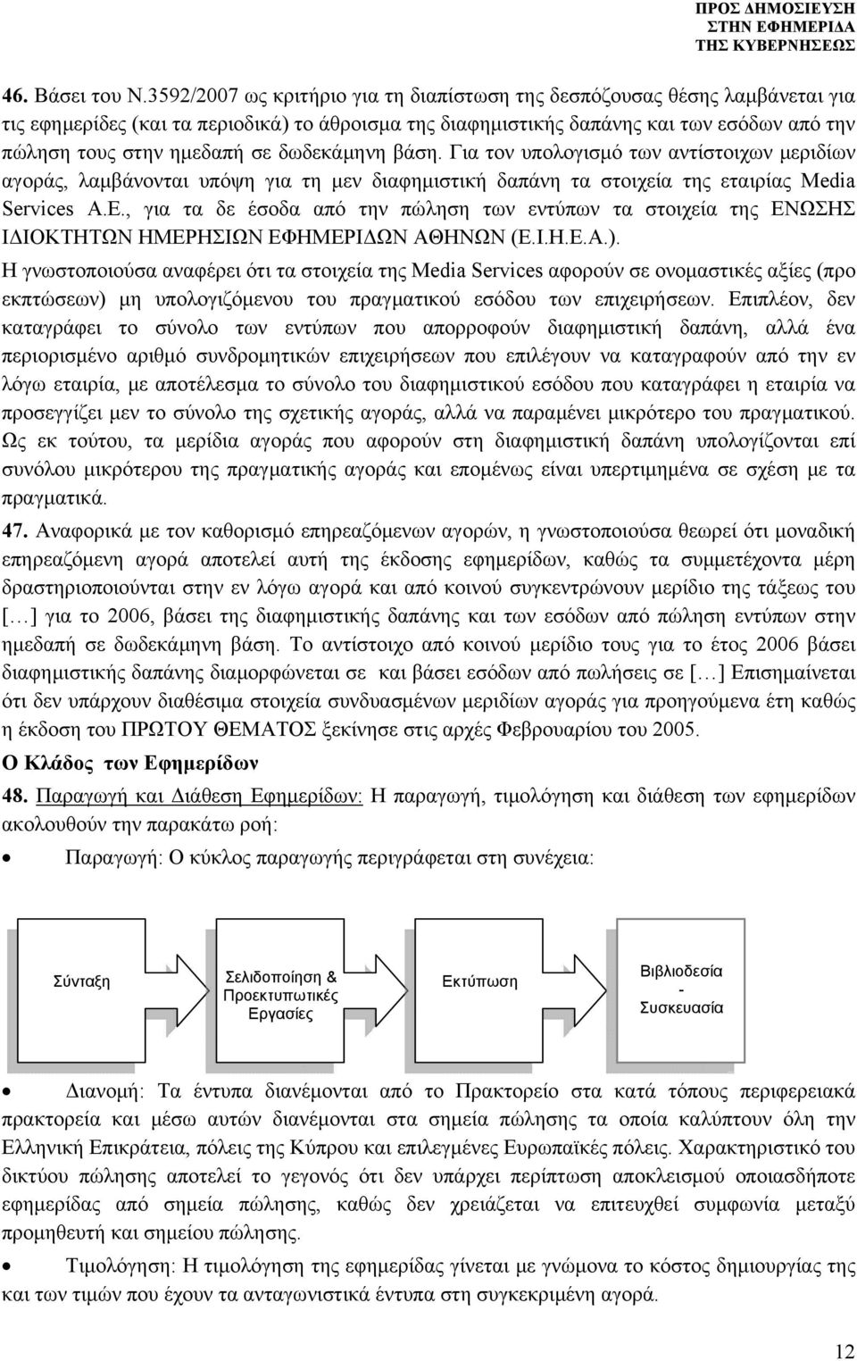 δωδεκάμηνη βάση. Για τον υπολογισμό των αντίστοιχων μεριδίων αγοράς, λαμβάνονται υπόψη για τη μεν διαφημιστική δαπάνη τα στοιχεία της εταιρίας Media Services Α.Ε.