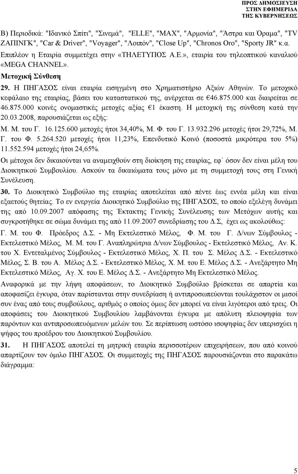 Το μετοχικό κεφάλαιο της εταιρίας, βάσει του καταστατικού της, ανέρχεται σε 46.875.000 και διαιρείται σε 46.875.000 κοινές ονομαστικές μετοχές αξίας 1 έκαστη. Η μετοχική της σύνθεση κατά την 20.03.