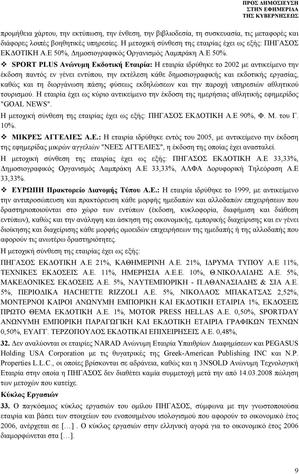 Δημοσιογραφικός Οργανισμός Λαμπράκη Α.Ε 50%.