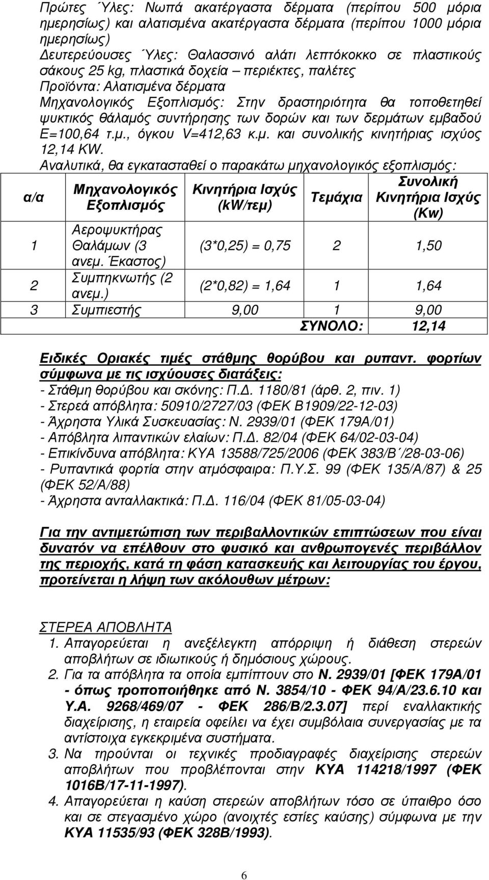 δερµάτων εµβαδού Ε=100,64 τ.µ., όγκου V=412,63 κ.µ. και συνολικής κινητήριας ισχύος 12,14 KW.