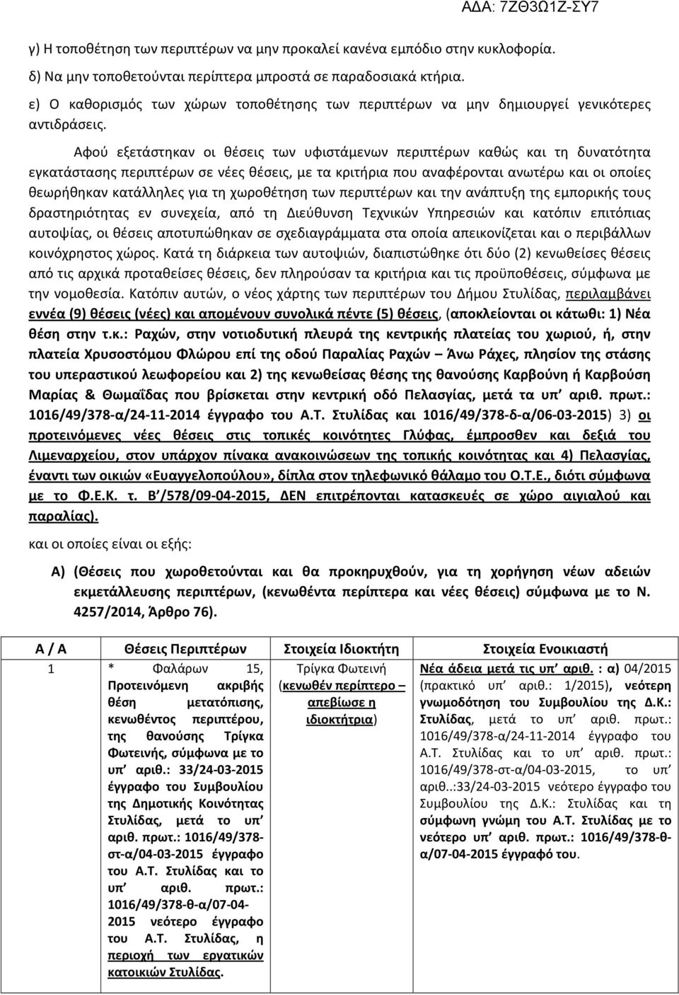 Αφού εξετάστηκαν οι θέσεις των υφιστάμενων περιπτέρων καθώς και τη δυνατότητα εγκατάστασης περιπτέρων σε νέες θέσεις, με τα κριτήρια που αναφέρονται ανωτέρω και οι οποίες θεωρήθηκαν κατάλληλες για τη