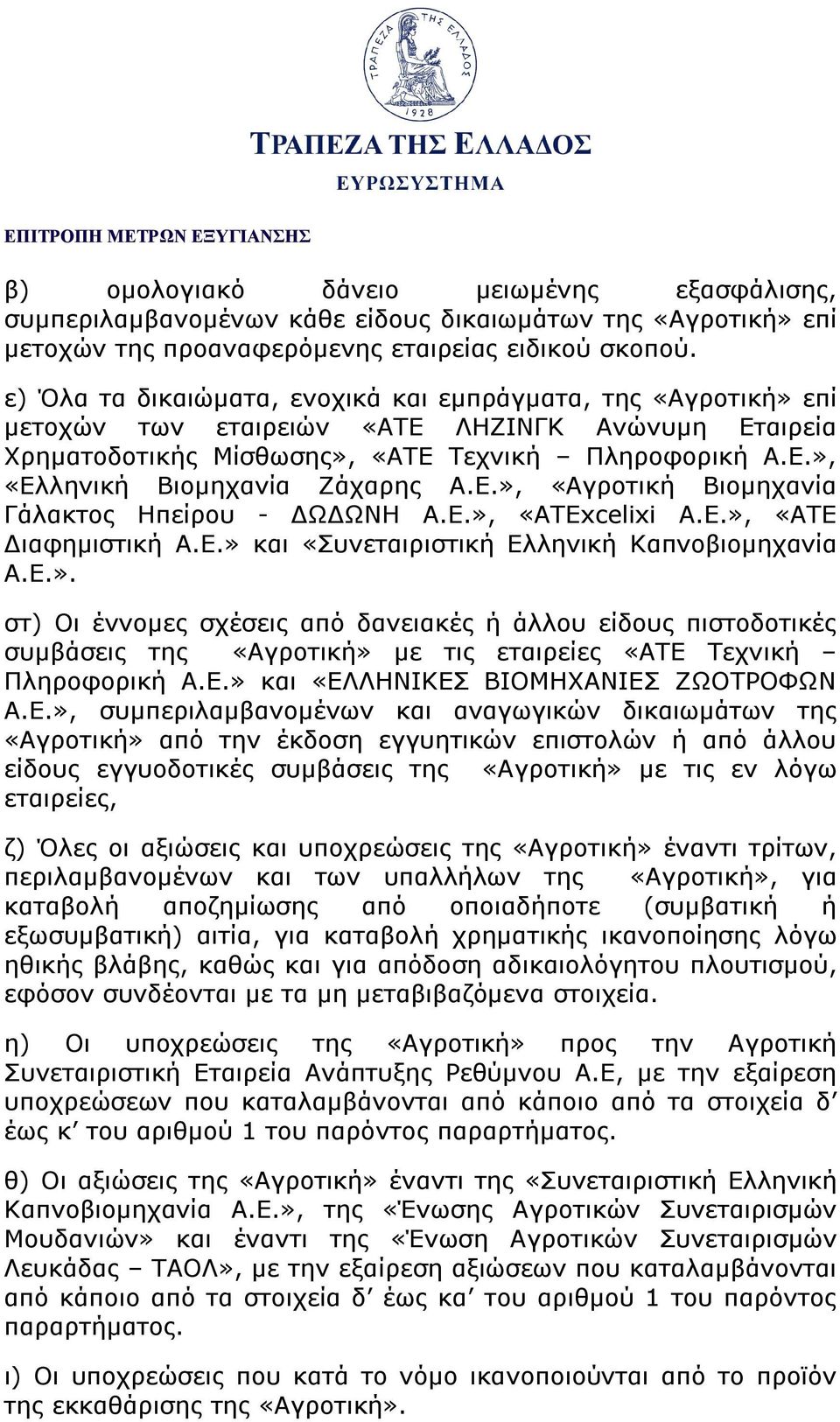 Ε.», «Αγροτική Βιομηχανία Γάλακτος Ηπείρου - ΔΩΔΩΝΗ Α.Ε.», «ΑΤΕxcelixi Α.Ε.», «ΑΤΕ Διαφημιστική Α.Ε.» και «Συνεταιριστική Ελληνική Καπνοβιομηχανία Α.Ε.». στ) Οι έννομες σχέσεις από δανειακές ή άλλου είδους πιστοδοτικές συμβάσεις της «Αγροτική» με τις εταιρείες «ΑΤΕ Τεχνική Πληροφορική Α.