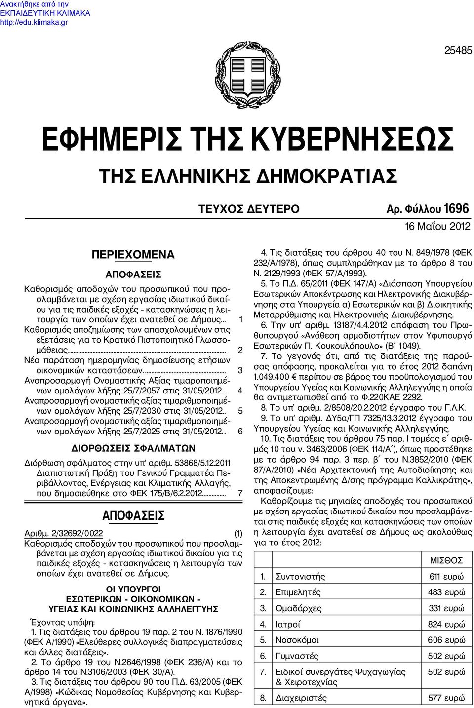 οποίων έχει ανατεθεί σε Δήμους... 1 Καθορισμός αποζημίωσης των απασχολουμένων στις εξετάσεις για το Κρατικό Πιστοποιητικό Γλωσσο μάθειας.