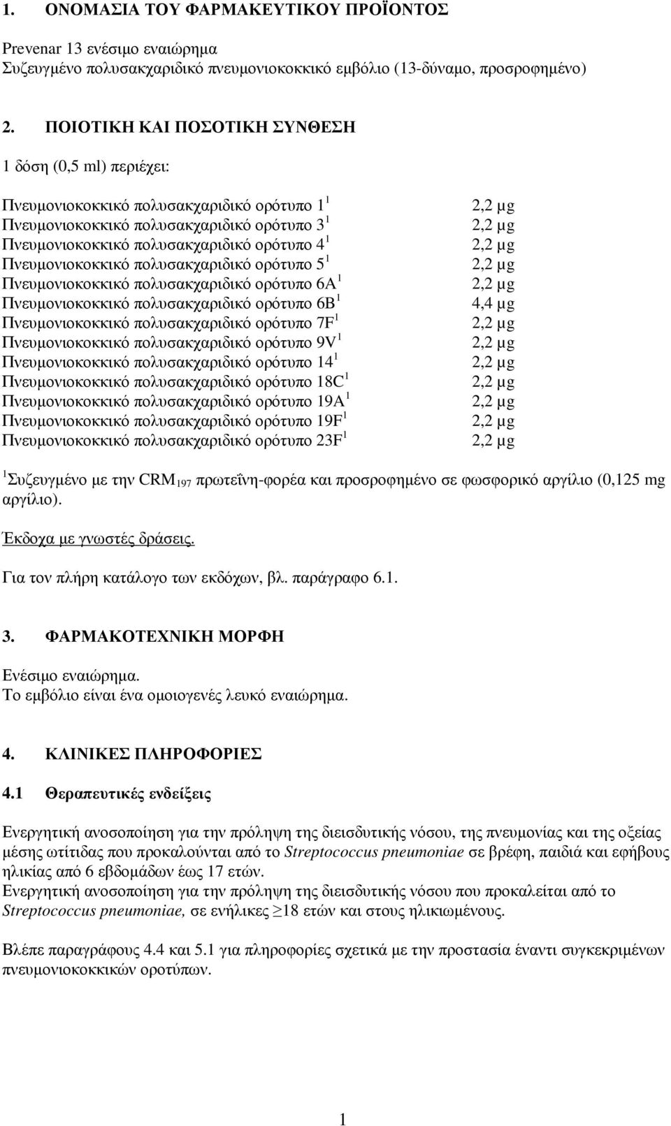 ορότυπο 4 1 2,2 µg Πνευµονιοκοκκικό πολυσακχαριδικό ορότυπο 5 1 2,2 µg Πνευµονιοκοκκικό πολυσακχαριδικό ορότυπο 6A 1 2,2 µg Πνευµονιοκοκκικό πολυσακχαριδικό ορότυπο 6B 1 4,4 µg Πνευµονιοκοκκικό