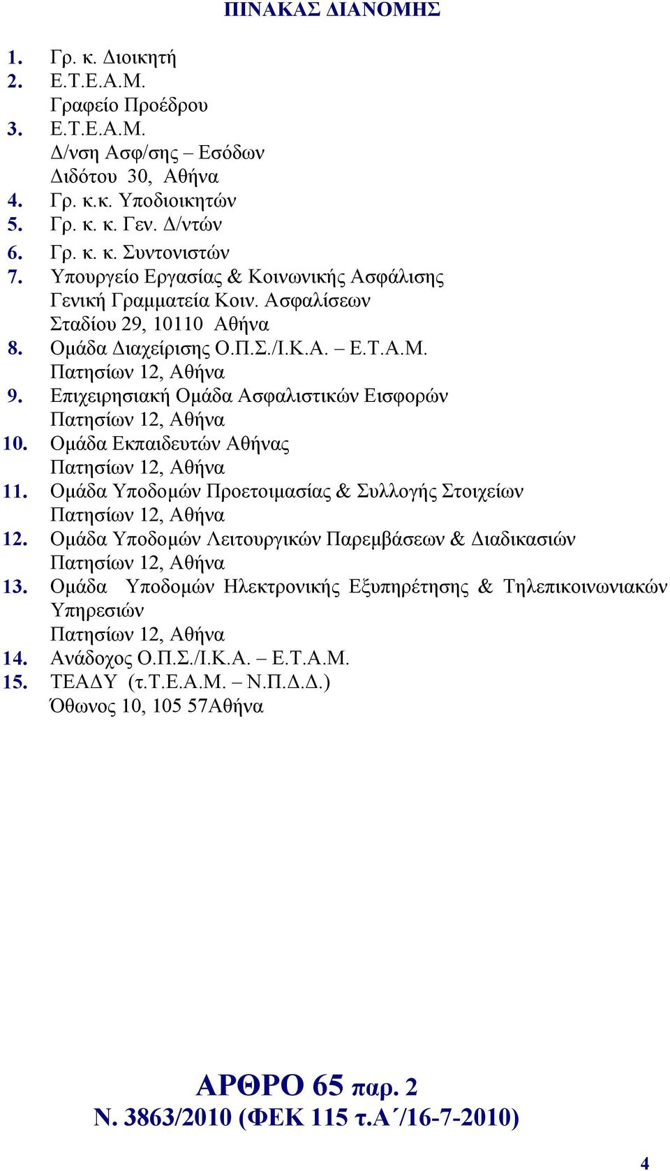 Επιχειρησιακή Ομάδα Ασφαλιστικών Εισφορών 10. Ομάδα Εκπαιδευτών Αθήνας 11. Ομάδα Υποδομών Προετοιμασίας & Συλλογής Στοιχείων 12. Ομάδα Υποδομών Λειτουργικών Παρεμβάσεων & Διαδικασιών 13.