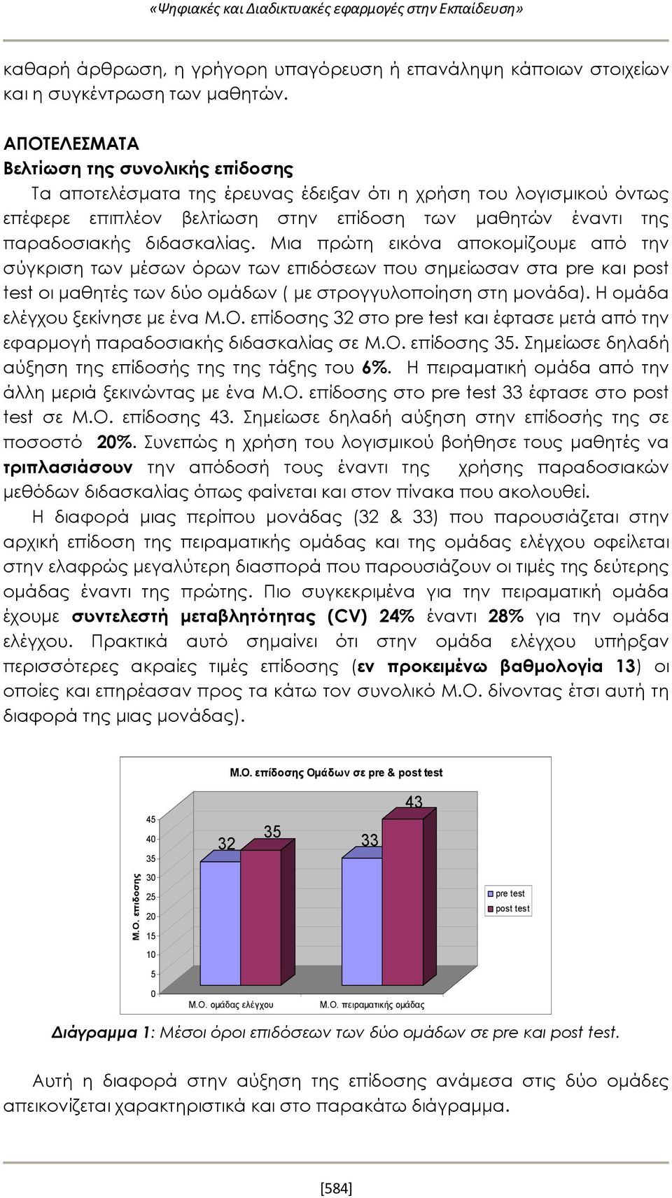 διδασκαλίας. Μια πρώτη εικόνα αποκομίζουμε από την σύγκριση των μέσων όρων των επιδόσεων που σημείωσαν στα pre και post test οι μαθητές των δύο ομάδων ( με στρογγυλοποίηση στη μονάδα).