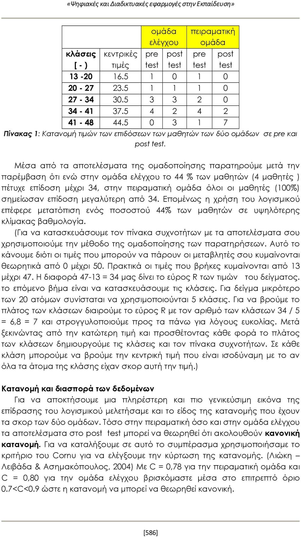 Μέσα από τα αποτελέσματα της ομαδοποίησης παρατηρούμε μετά την παρέμβαση ότι ενώ στην ομάδα ελέγχου το 44 % των μαθητών (4 μαθητές ) πέτυχε επίδοση μέχρι 34, στην πειραματική ομάδα όλοι οι μαθητές