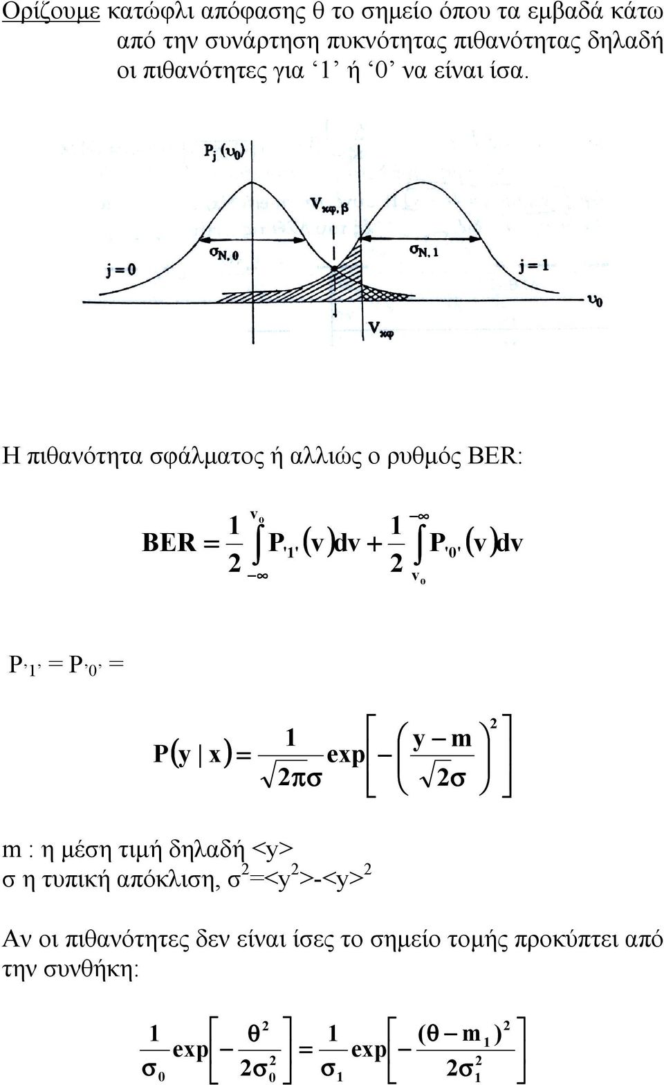 Η πιθανότητα σφάλµατος ή αλλιώς ο ρυθµός ΒΕR: BER = v o P ' ' () v dv + P () v v o '0' dv P = P 0 = P ( y x)