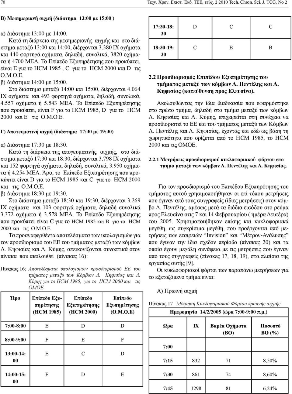 Το Εξυπηρέτησης που προκύπτει, είναι E για το HCM 1985, C για το HCM 2000 και D τις Ο.Μ.Ο.Ε. β) Διάστημα 14:00 με 15:00. Στο διάστημα μεταξύ 14:00 και 15:00, διέρχονται 4.