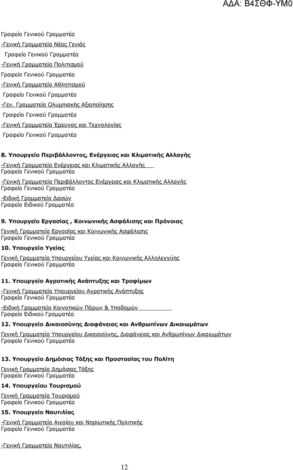 Γραφείο Ειδικού Γραµµατέα 9. Υπουργείο Εργασίας, Κοινωνικής Ασφάλισης και Πρόνοιας Γενική Γραµµατεία Εργασίας και Κοινωνικής Ασφάλισης 10.