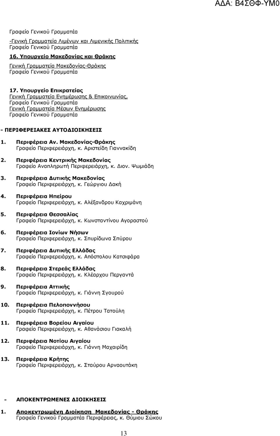 Αριστείδη Γιαννακίδη 2. Περιφέρεια Κεντρικής Μακεδονίας Γραφείο Αναπληρωτή Περιφερειάρχη, κ. ιον. Ψωµιάδη 3. Περιφέρεια υτικής Μακεδονίας Γραφείο Περιφερειάρχη, κ. Γεώργιου ακή 4.