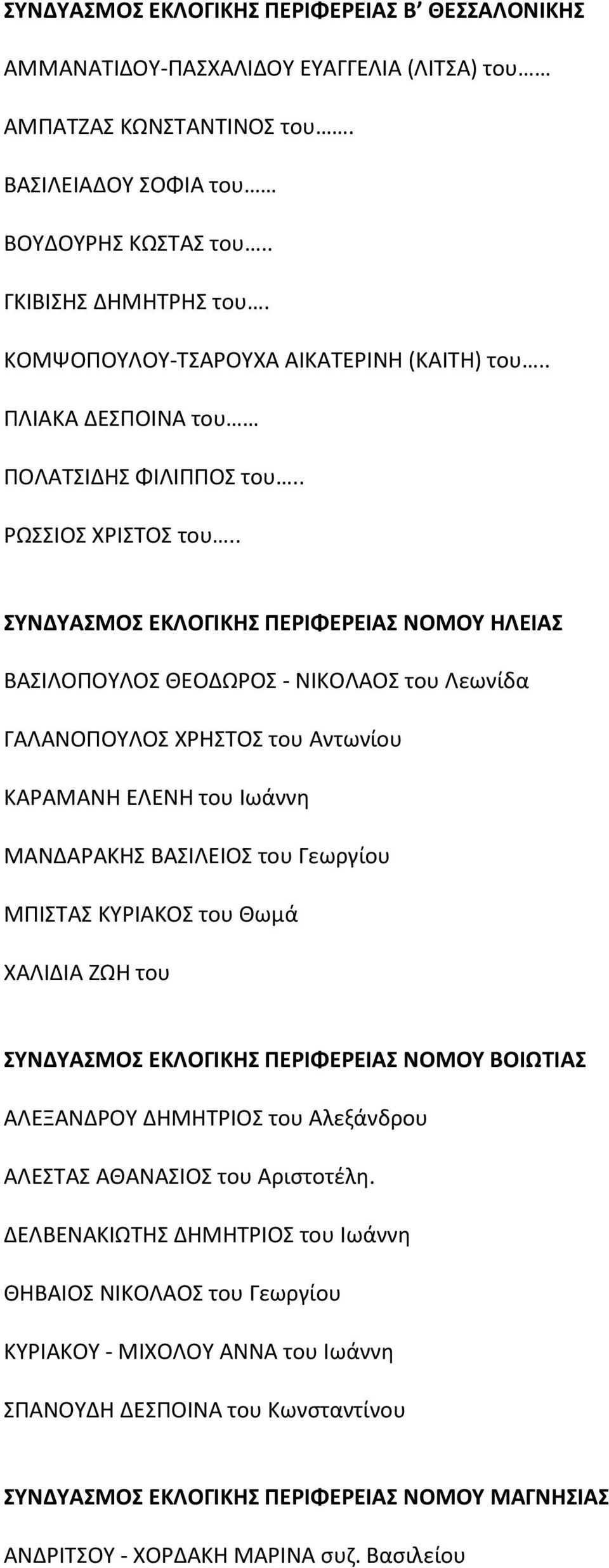 . ΣΥΝΔΥΑΣΜΟΣ ΕΚΛΟΓΙΚΗΣ ΠΕΡΙΦΕΡΕΙΑΣ ΝΟΜΟΥ ΗΛΕΙΑΣ ΒΑΣΙΛΟΠΟΥΛΟΣ ΘΕΟΔΩΡΟΣ - ΝΙΚΟΛΑΟΣ του Λεωνίδα ΓΑΛΑΝΟΠΟΥΛΟΣ ΧΡΗΣΤΟΣ του Αντωνίου ΚΑΡΑΜΑΝΗ ΕΛΕΝΗ του Ιωάννη ΜΑΝΔΑΡΑΚΗΣ ΒΑΣΙΛΕΙΟΣ του Γεωργίου ΜΠΙΣΤΑΣ