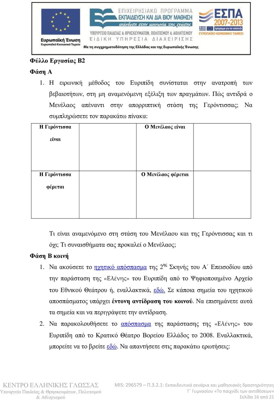 αναµενόµενο στη στάση του Μενέλαου και της Γερόντισσας και τι όχι; Τι συναισθήµατα σας προκαλεί ο Μενέλαος; Φάση Β κοινή 1.