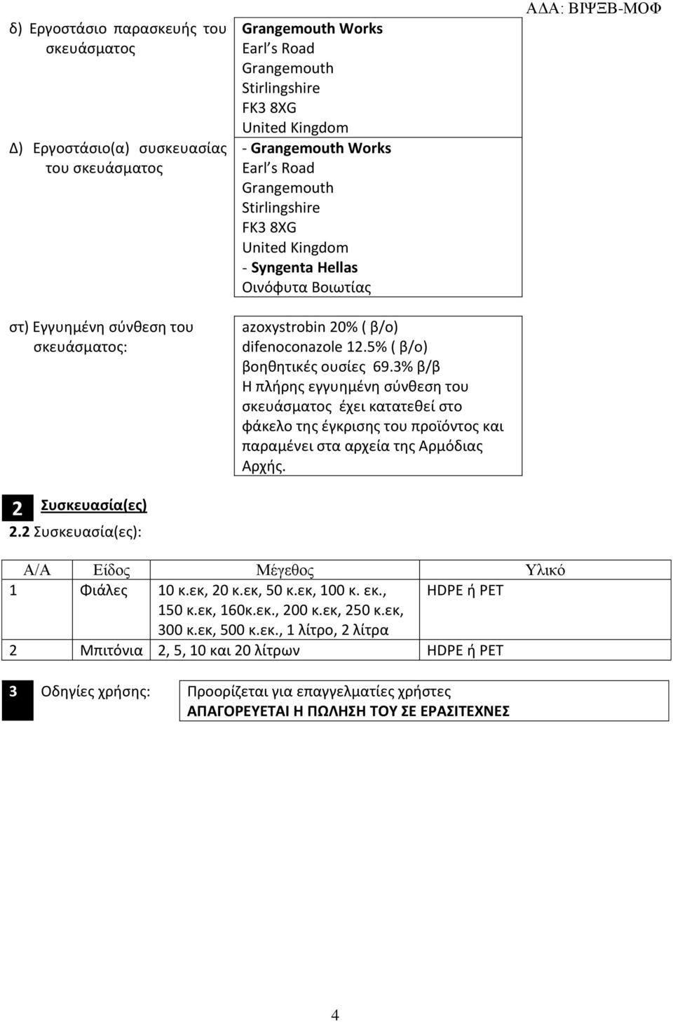 Οινόφυτα Βοιωτίας azoxystrobin 20% ( β/ο) difenoconazole 12.5% ( β/ο) βοηθητικές ουσίες 69.