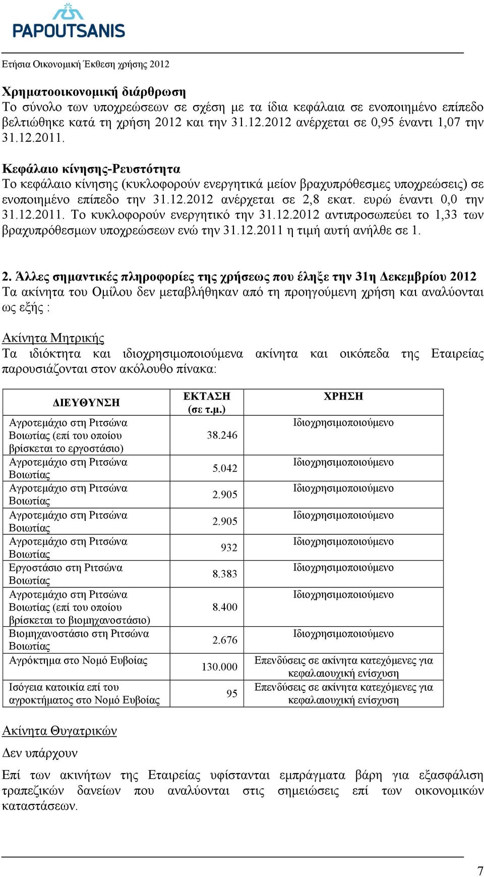 Το κυκλοφορούν ενεργητικό την 31.12.2012 αντιπροσωπεύει το 1,33 των βραχυπρόθεσµων υποχρεώσεων ενώ την 31.12.2011 η τιµή αυτή ανήλθε σε 1. 2.