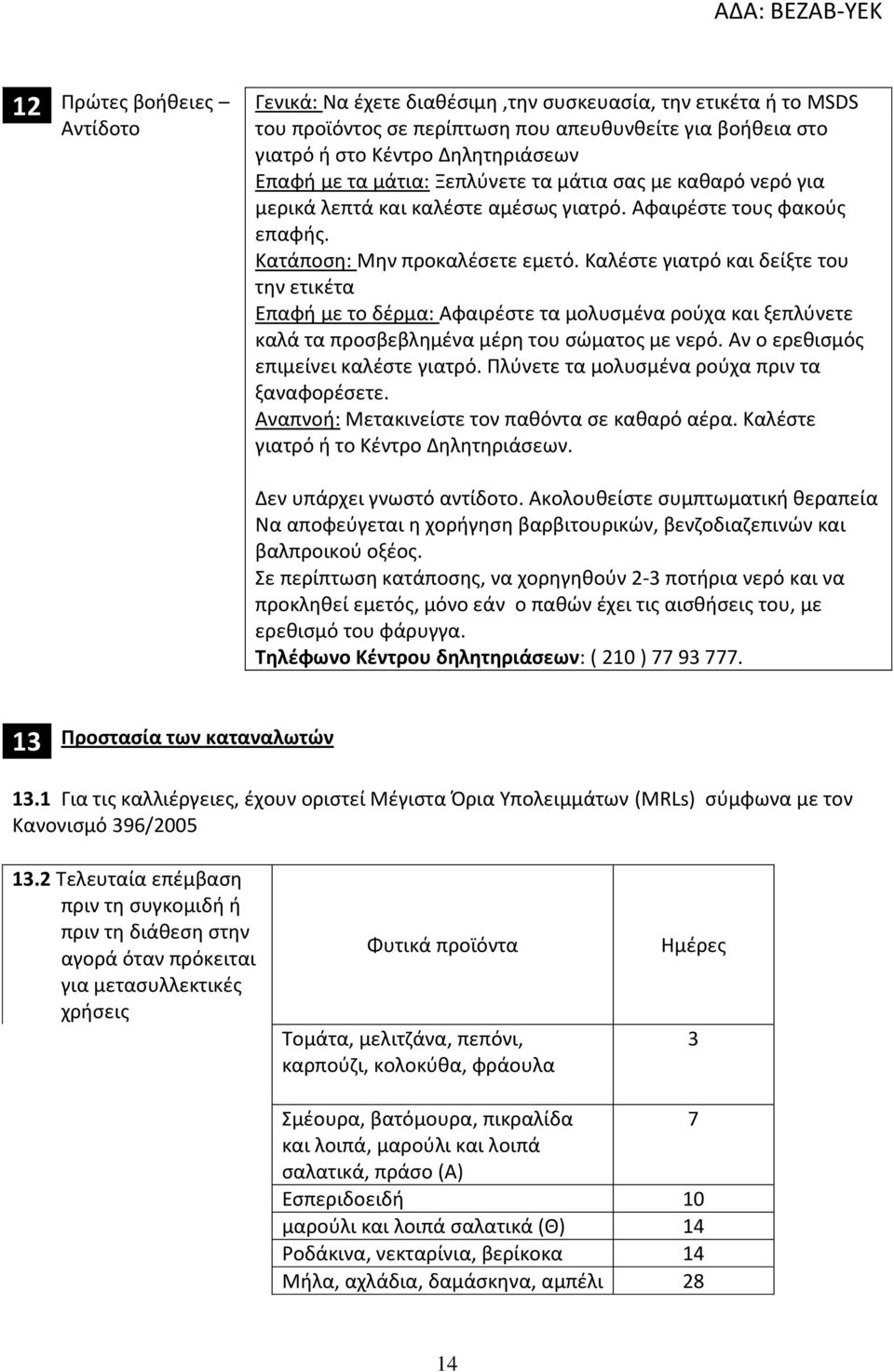 Καλέστε γιατρό και δείξτε του την ετικέτα Επαφή με το δέρμα: Αφαιρέστε τα μολυσμένα ρούχα και ξεπλύνετε καλά τα προσβεβλημένα μέρη του σώματος με νερό. Αν ο ερεθισμός επιμείνει καλέστε γιατρό.