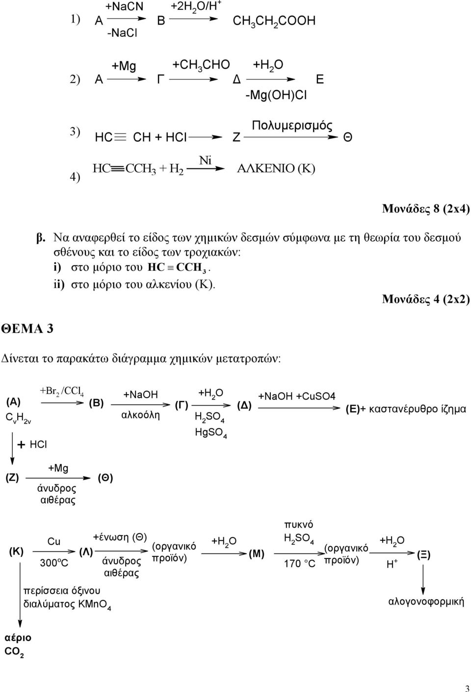 Μονάδες 4 (2x2) ΘΕΜΑ 3 ίνεται το παρακάτω διάγραµµα χηµικών µετατροπών: (A) C v H 2v +Br 2 /CCl 4 (Β) +NaH αλκοόλη (Γ) +H 2 H 2 S 4 ( ) +NaH +CuS4 (Ε)+ καστανέρυθρο ίζηµα + HCl HgS 4