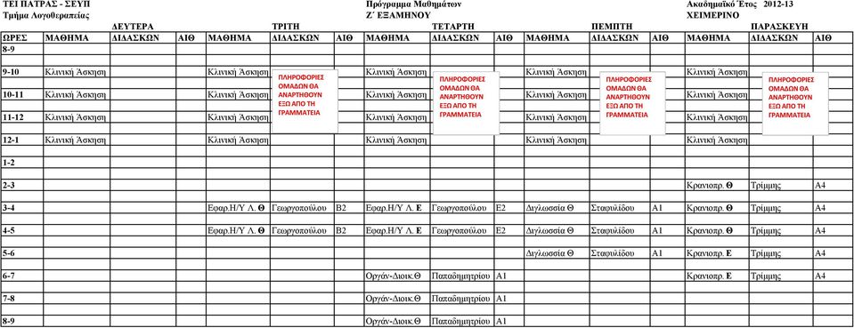 Θ Τρίµµης A4 4-5 Εφαρ.Η/Υ Λ. Θ Γεωργοπούλου Β2 Εφαρ.Η/Υ Λ. E Γεωργοπούλου Ε2 ιγλωσσία Θ Σταφυλίδου Α1 Κρανιοπρ.