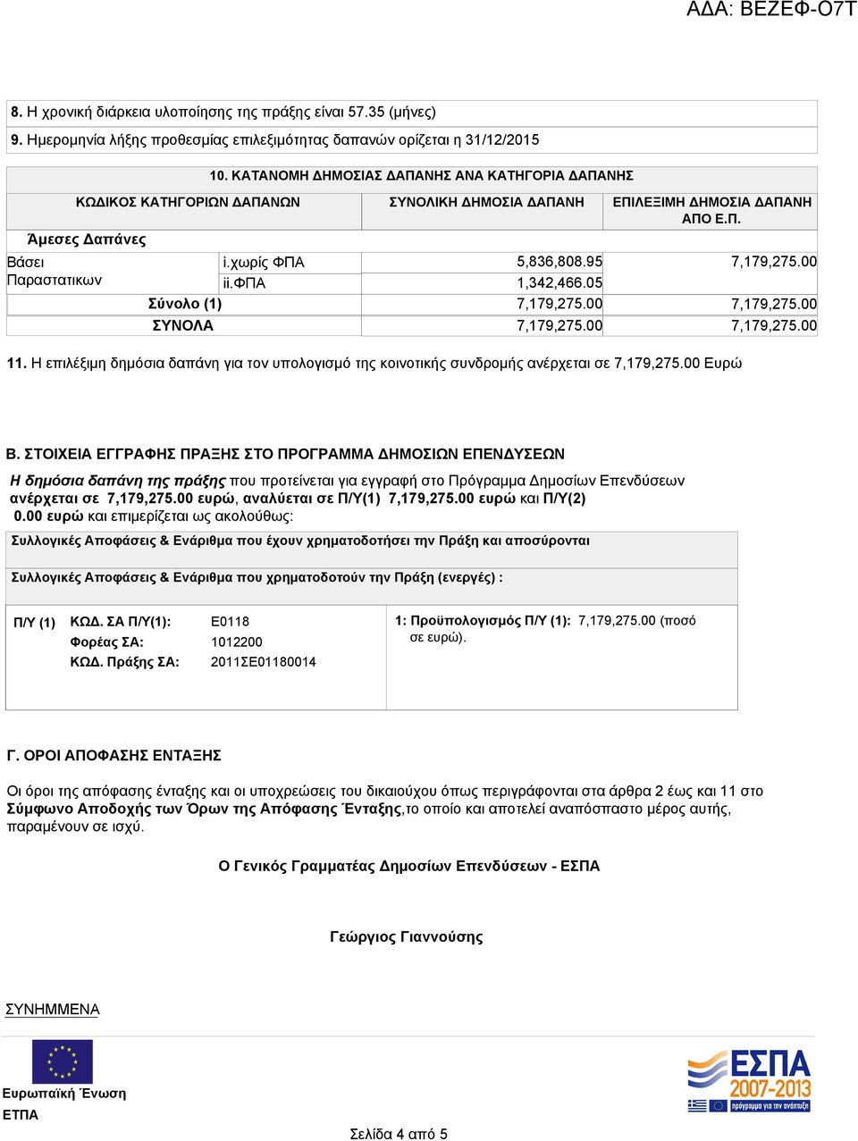 95 1,342,466.05 Σύνολο (1) 7,179,275.00 ΣΥΝΟΛΑ 7,179,275.00 7,179,275.00 7,179,275.00 7,179,275.00 11. Η επιλέξιμη δημόσια δαπάνη για τον υπολογισμό της κοινοτικής συνδρομής ανέρχεται σε 7,179,275.