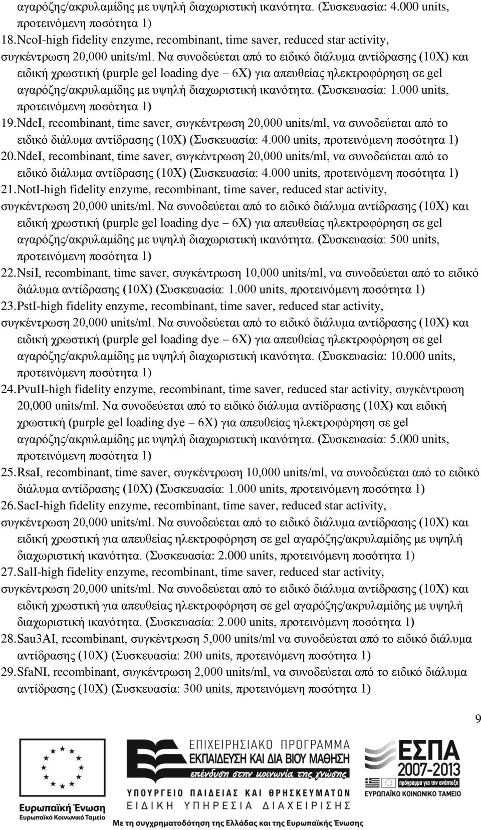 (Συσκευασία: 1.000 units, 19. NdeI, recombinant, time saver, συγκέντρωση 20,000 units/ml, να συνοδεύεται από το ειδικό διάλυμα αντίδρασης (10Χ) (Συσκευασία: 4.000 units, 20.