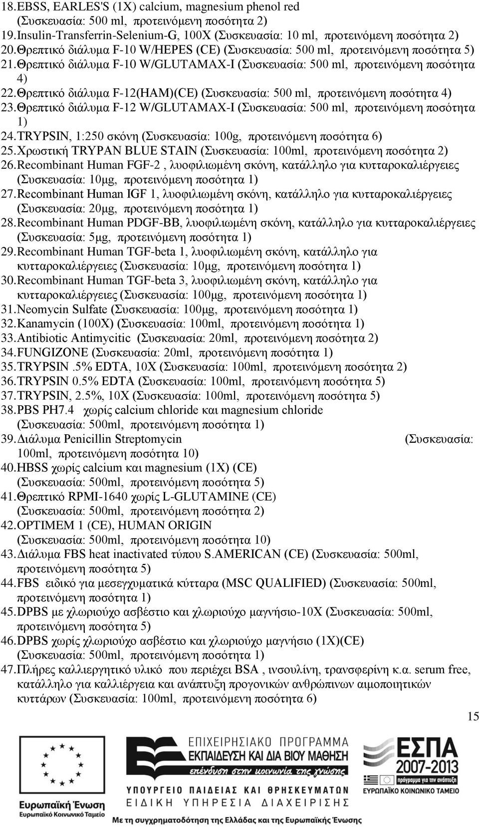 Θρεπτικό διάλυμα F-12(HAM)(CE) (Συσκευασία: 500 ml, προτεινόμενη ποσότητα 4) 23. Θρεπτικό διάλυμα F-12 W/GLUTAMAX-I (Συσκευασία: 500 ml, προτεινόμενη ποσότητα 1) 24.