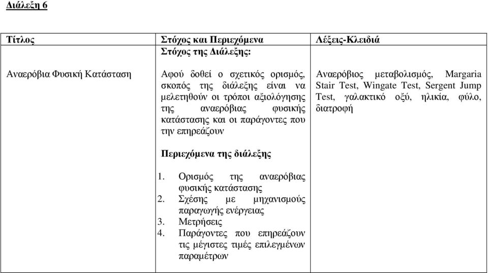 Ορισµός της αναερόβιας φυσικής κατάστασης 2. Σχέσης µε µηχανισµούς παραγωγής ενέργειας 3. Μετρήσεις 4.