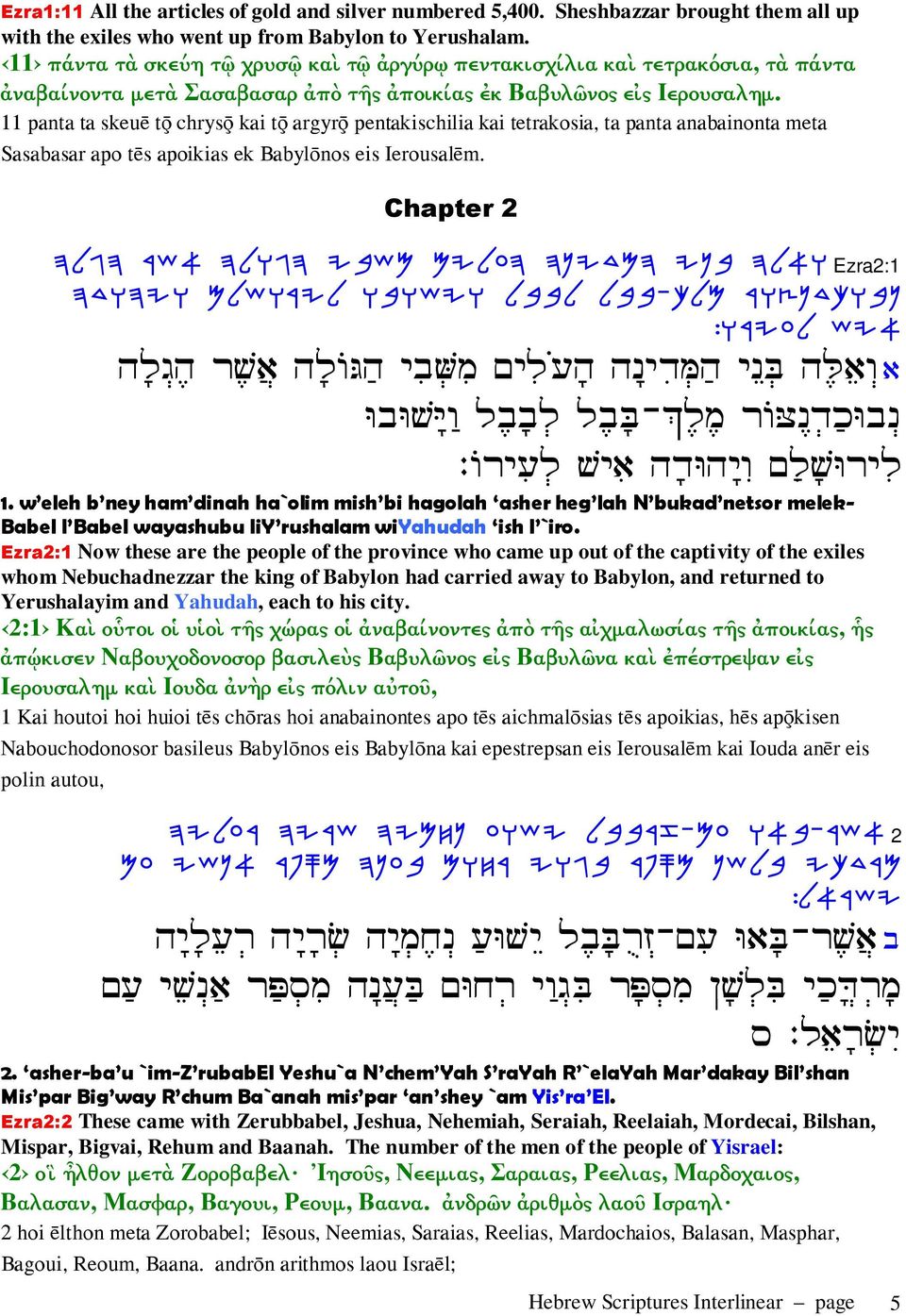 11 panta ta skeu tÿ chrysÿ kai tÿ argyrÿ pentakischilia kai tetrakosia, ta panta anabainonta meta Sasabasar apo t s apoikias ek Babyl nos eis Ierousal m.